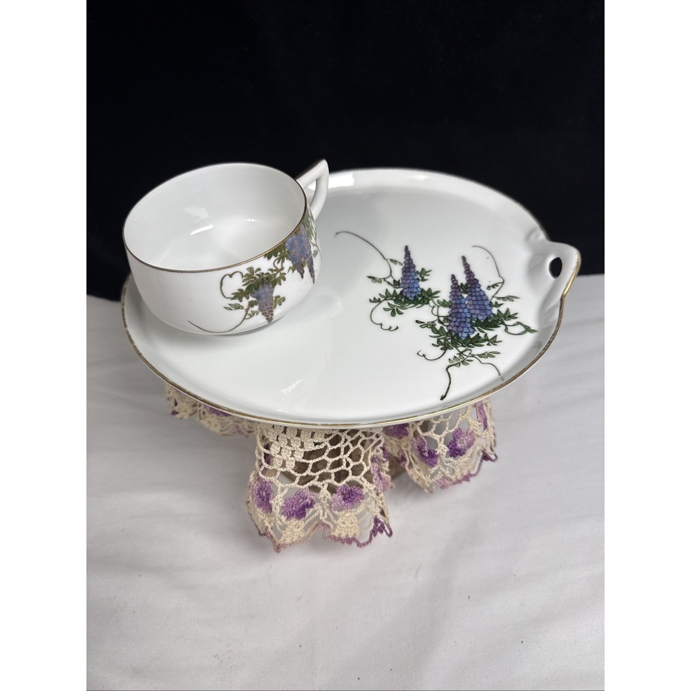 Vintage Koshida Lithophane Tea Luncheon Plate & Cup Set Wisteria Ladies Face